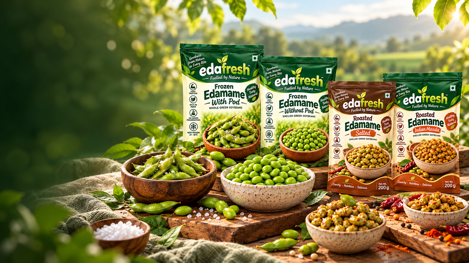 Edafresh frozen and roasted edamame product range